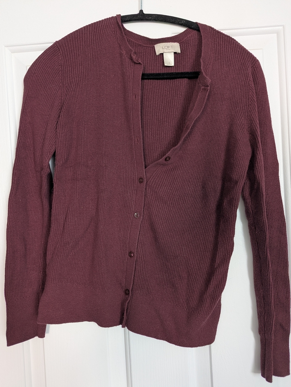 LOFT Ribbed Button-Front Cardigan in Plum
